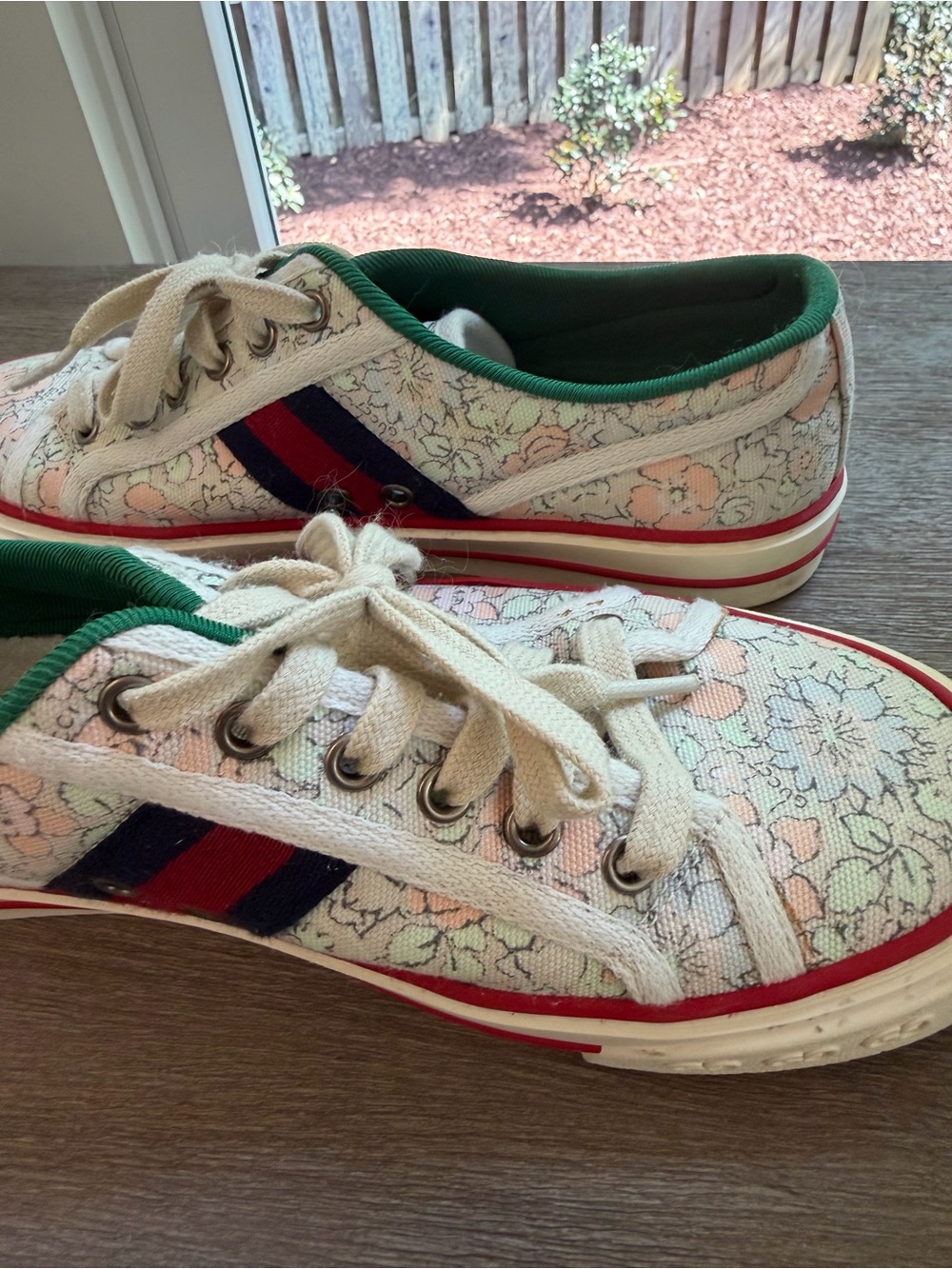 Gucci Floral Canvas Sneakers in Pink, Green and Red-Blue Stripe - Picture 4 of 8